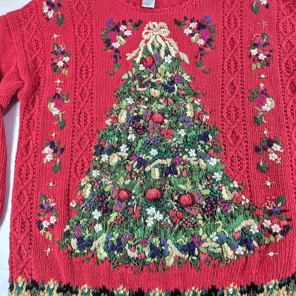 Vintage Tiara International Red Embroidered Beaded Christmas Tree Ugly Sweater L - Picture 7 of 9